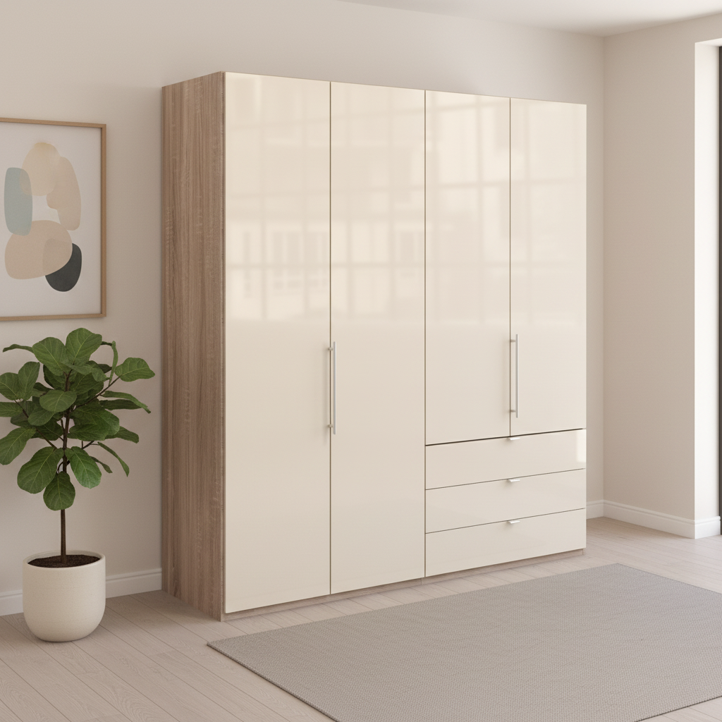Wiemann Loft 4 Doors & 3 Drawers With Bi-Fold Doors Wardrobe in Glass Mangolia with Rustic Oak Carcase 
