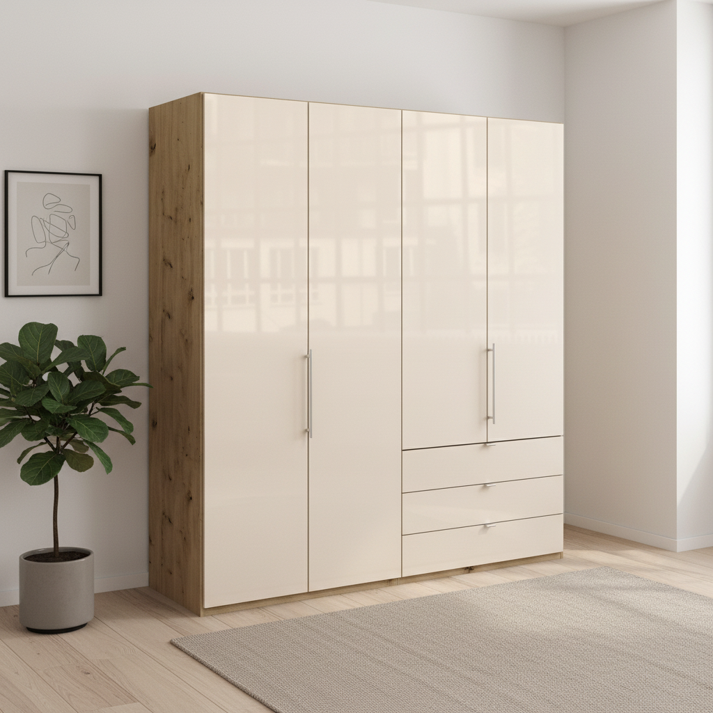 Wiemann Loft 4 Doors & 3 Drawers With Bi-Fold Doors Wardrobe in Glass Mangolia nwith Bianco Oak Carcase