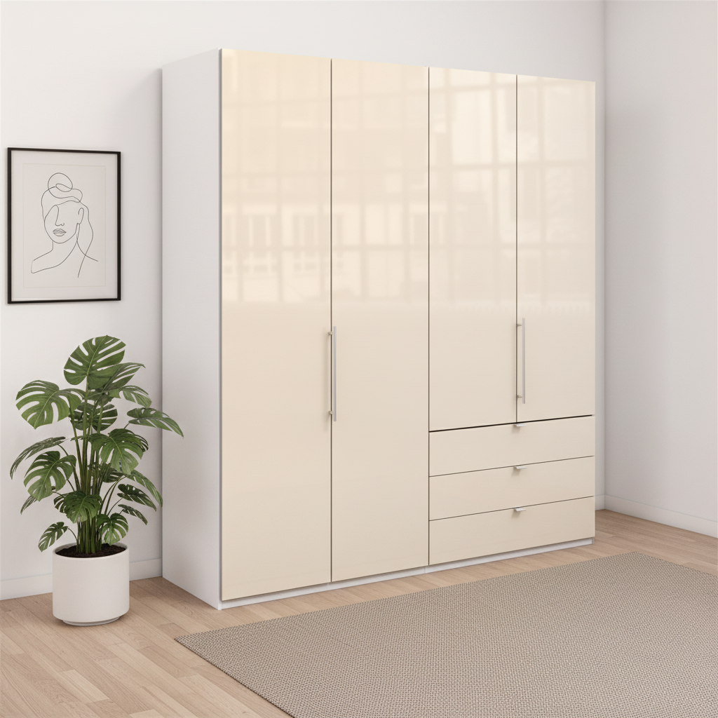 Wiemann Loft 4 Doors & 3 Drawers With Bi-Fold Doors Wardrobe in Glass Mangolia with Pebble Grey Carcase