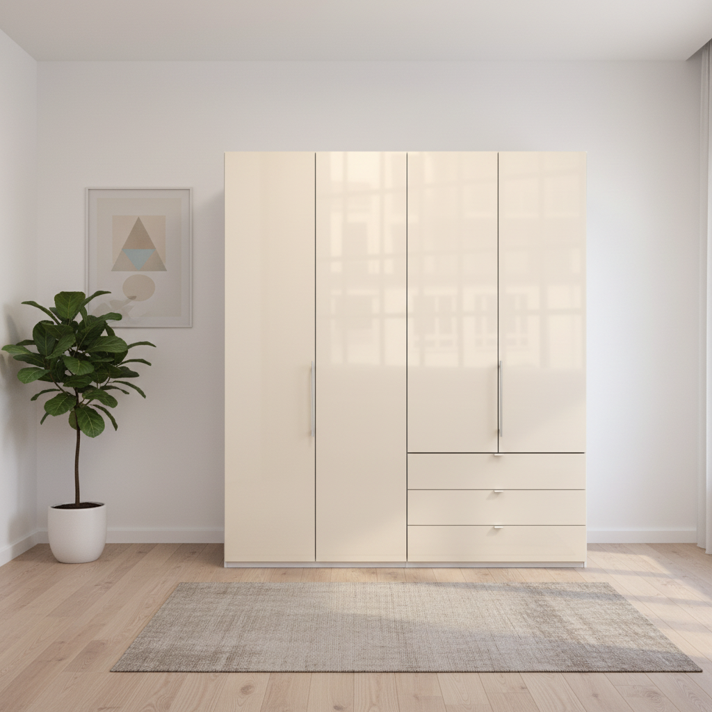 Wiemann Loft 4 Doors & 3 Drawers With Bi-Fold Doors Wardrobe in Glass Mangolia front view