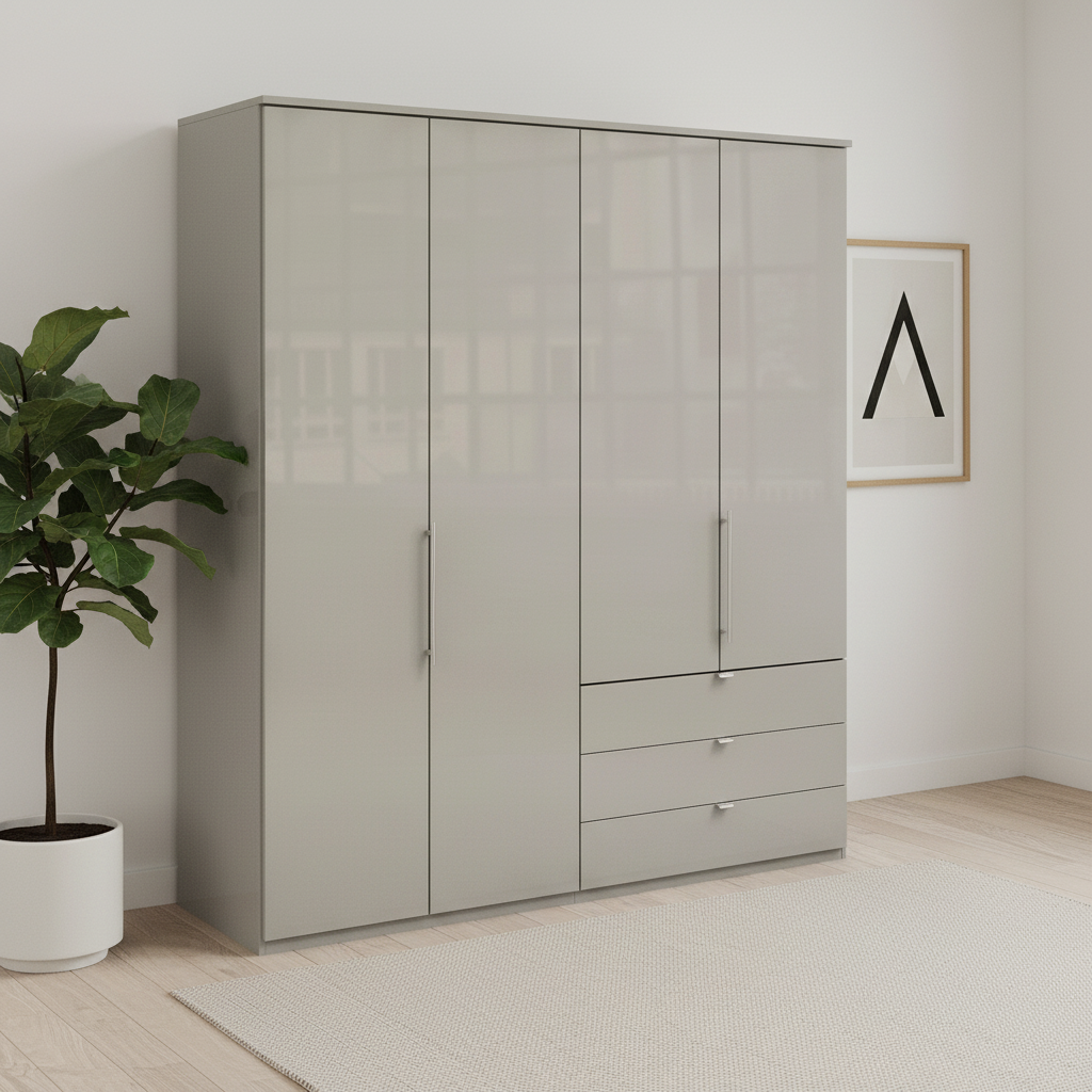 Wiemann Loft 4 Doors & 3 Drawers With Bi-Fold Doors Wardrobe in Glass Pebble Grey styled in a modern room