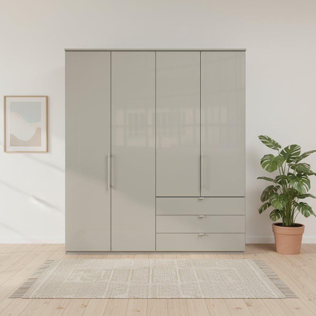 Wiemann Loft 4 Doors & 3 Drawers With Bi-Fold Doors Wardrobe in Glass Pebble Grey Front view