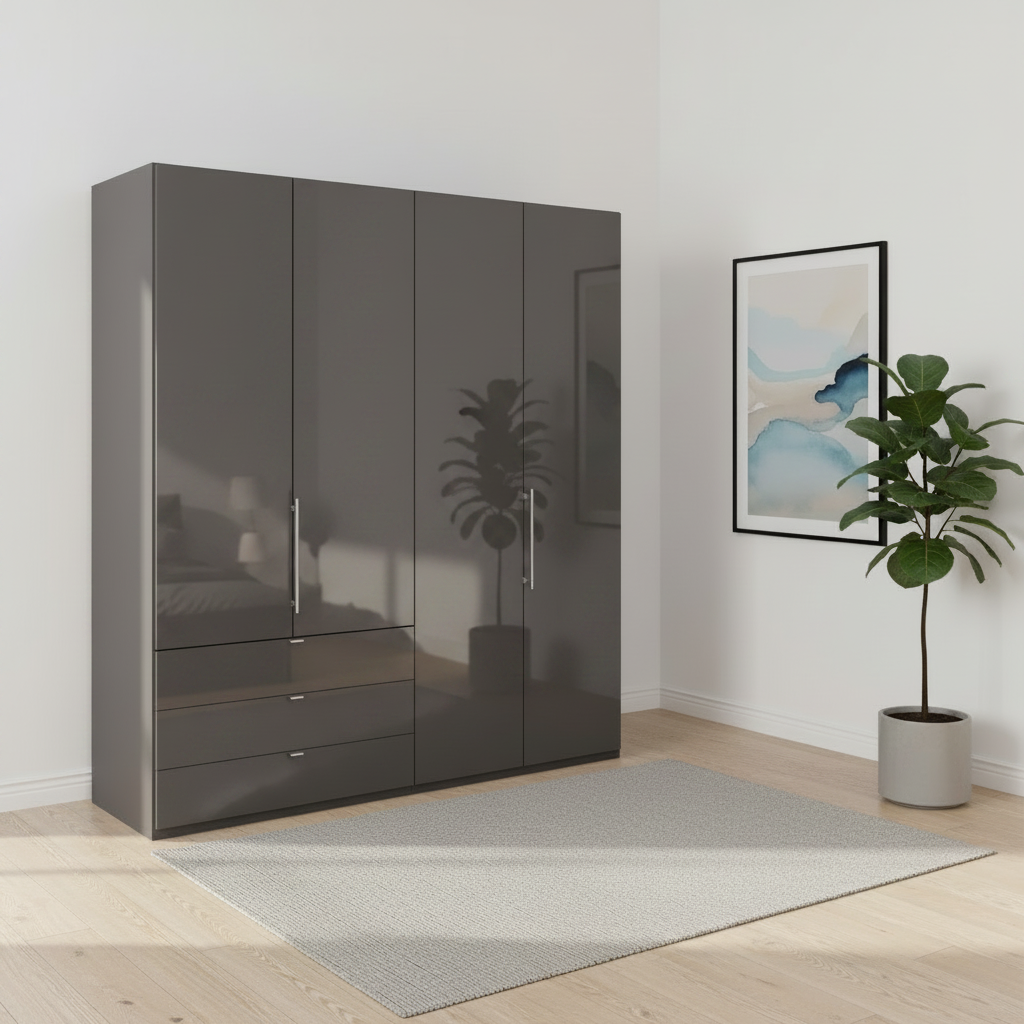 Wiemann Loft 4 Doors & 3 Drawers With Bi-Fold Doors Wardrobe in Havana Glass 