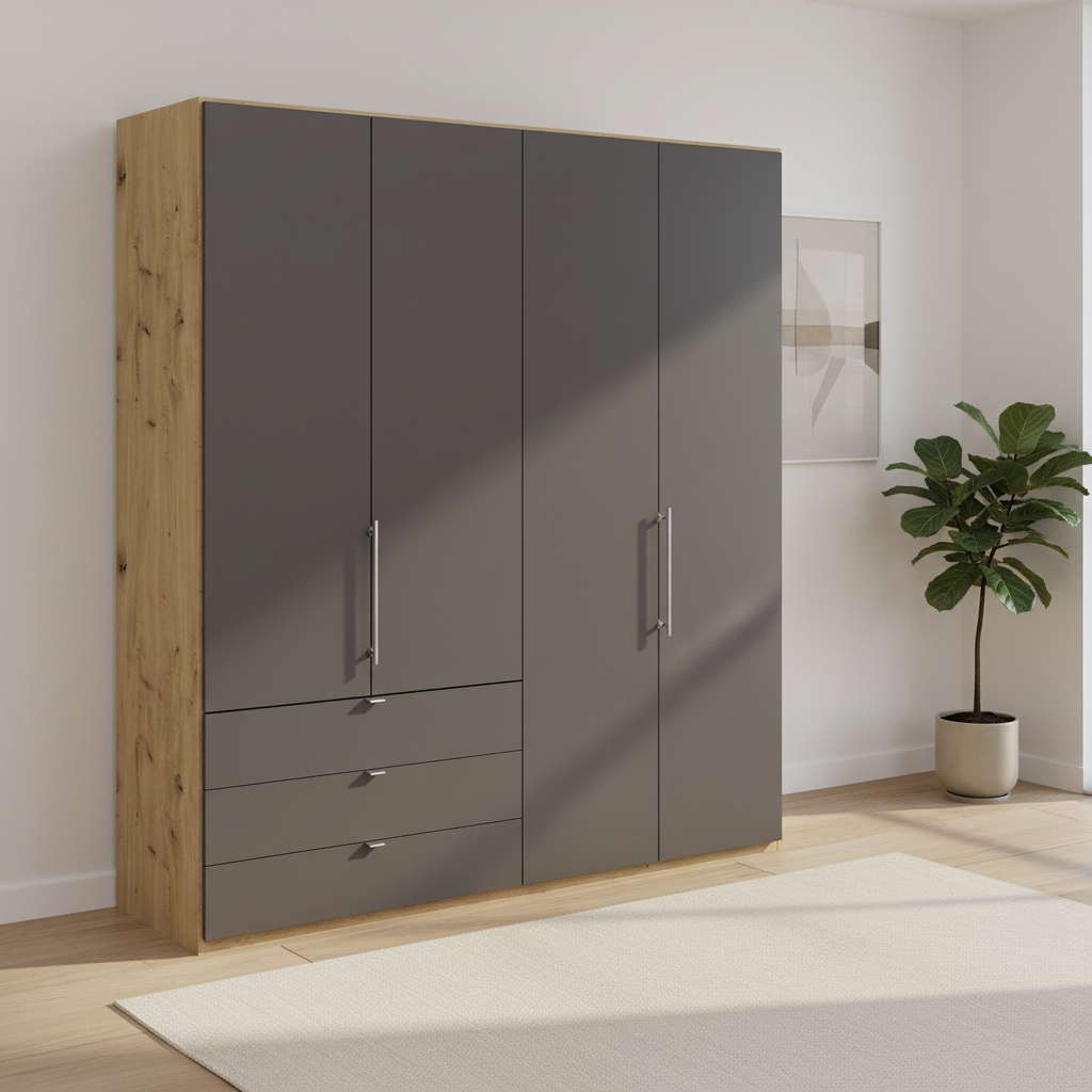 Wiemann Loft 4 Doors & 3 Drawers With Bi-Fold Doors Wardrobe in Havana with Bianco Oak Carcase