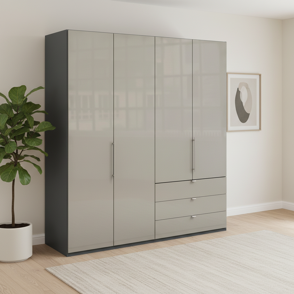 Wiemann Loft 4 Doors & 3 Drawers With Bi-Fold Doors Wardrobe in Glass Pebble Grey with Havana Carcase