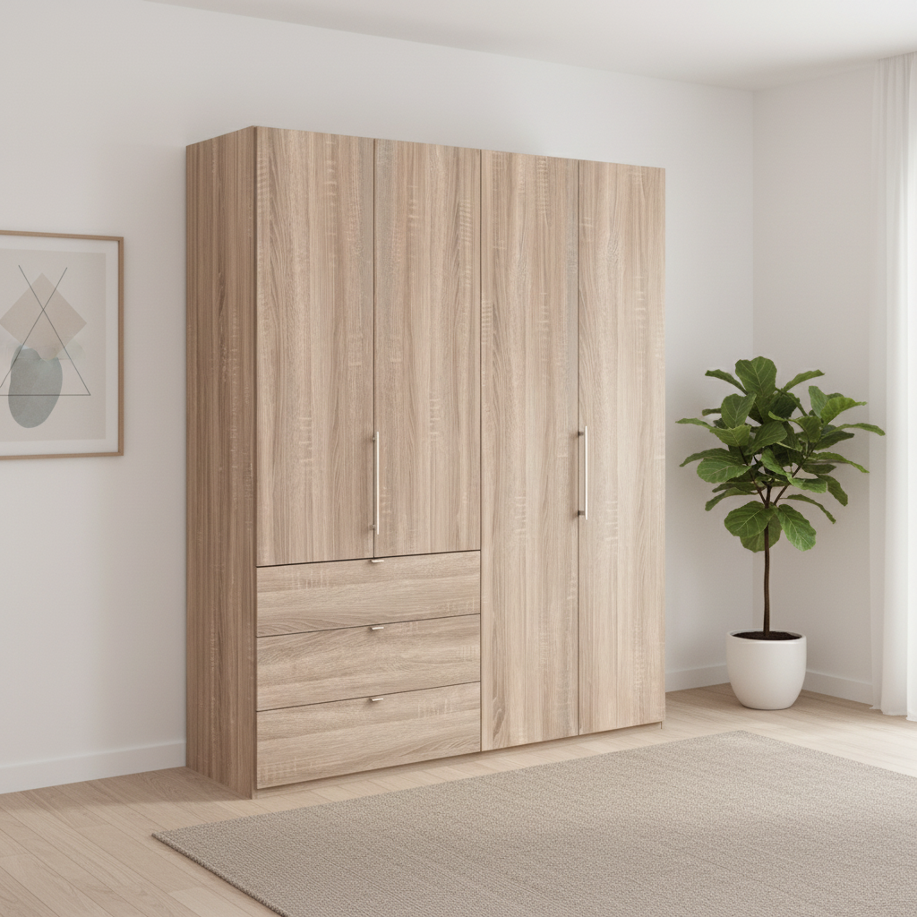 Wiemann Loft 4 Doors & 3 Drawers With Bi-Fold Doors Wardrobe in Rustic Oak styled in a modern room