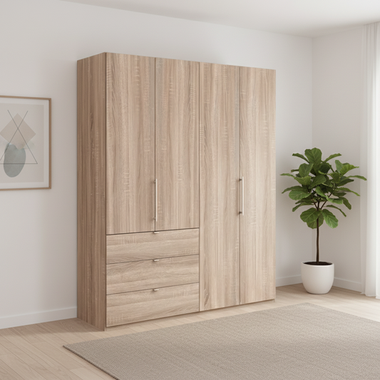 Wiemann Loft 4 Doors & 3 Drawers With Bi-Fold Doors Wardrobe in Rustic Oak styled in a modern room