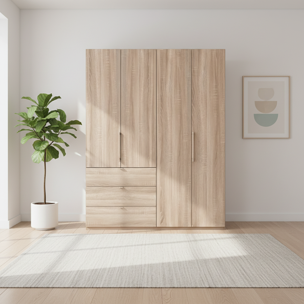 Wiemann Loft 4 Doors & 3 Drawers With Bi-Fold Doors Wardrobe in Rustic Oak Front view