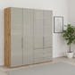 Wiemann Loft 4 Doors & 3 Drawers With Bi-Fold Doors Wardrobe in Glass Pebble Grey in Rustic Oak Carcase