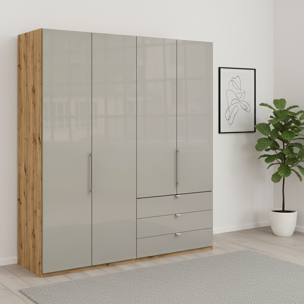 Wiemann Loft 4 Doors & 3 Drawers With Bi-Fold Doors Wardrobe in Glass Pebble Grey in Rustic Oak Carcase