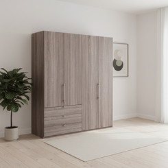 Wiemann Loft 4 Doors & 3 Drawers With Bi-Fold Doors Wardrobe in Dark Rustic Oak styled in a modern room