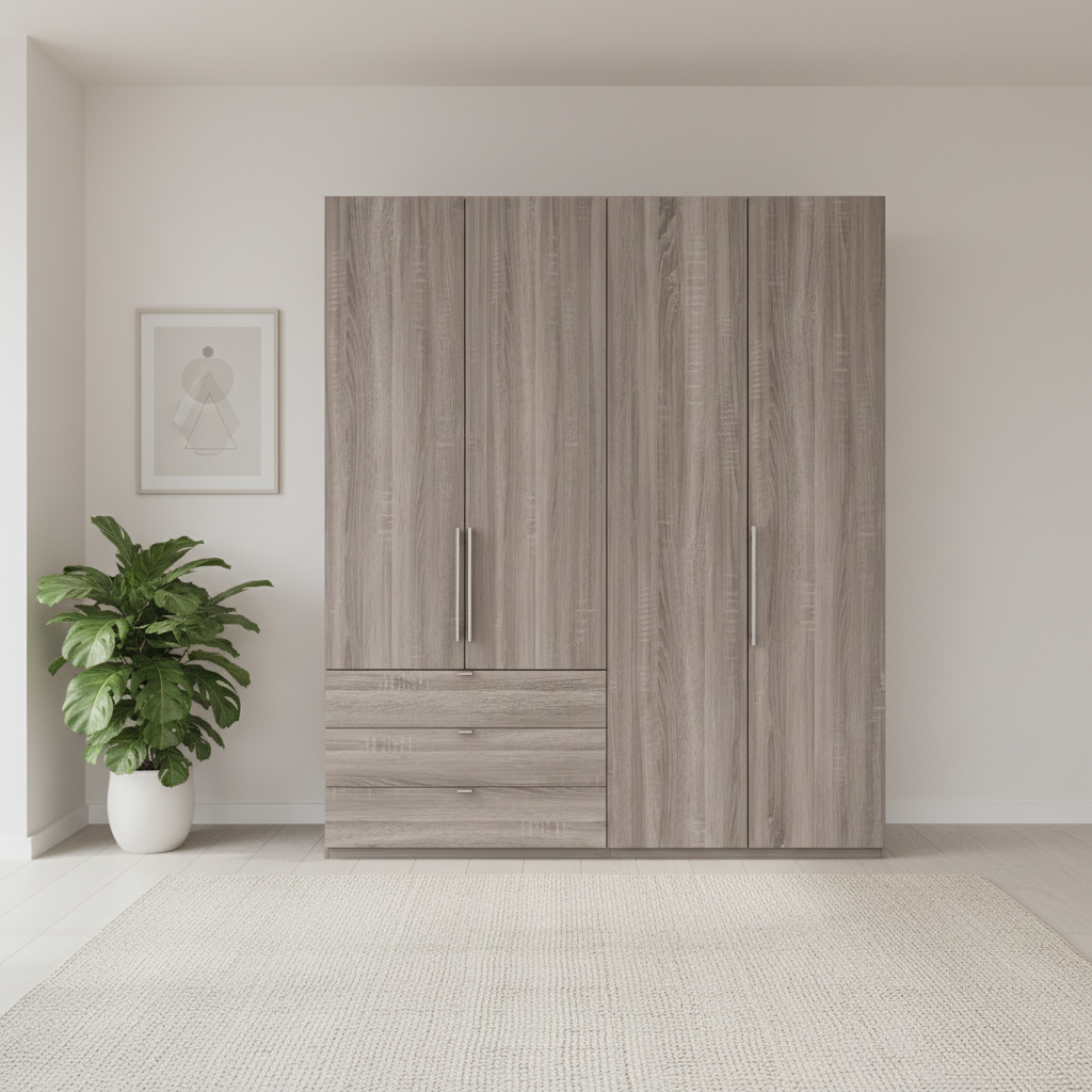 Wiemann Loft 4 Doors & 3 Drawers With Bi-Fold Doors Wardrobe in Dark Rustic Oak Front view