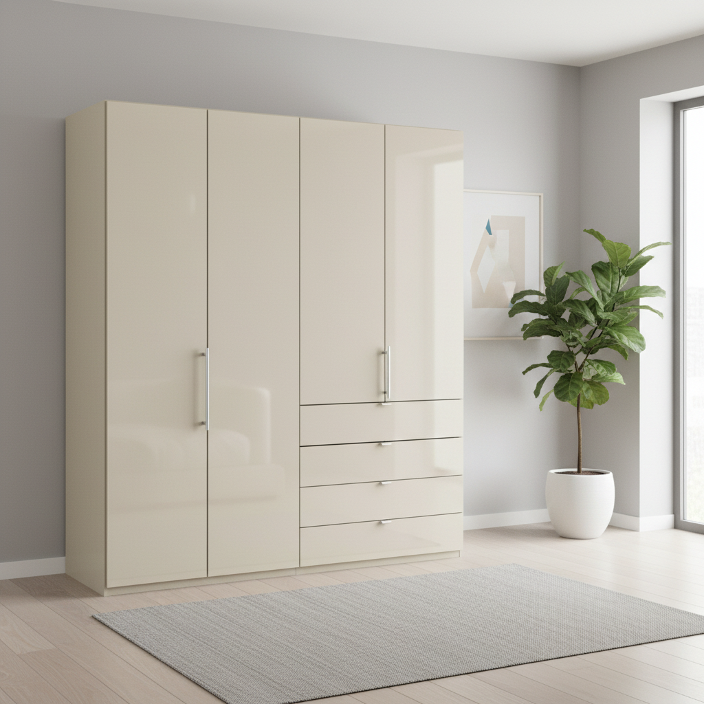 Wiemann Loft 4 Doors & 4 Drawers With Bi-Fold Doors Wardrobe in Glass Champagne styled in a modern room
