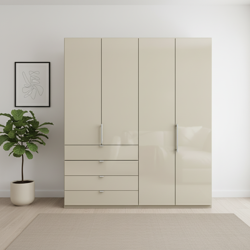 Wiemann Loft 4 Doors & 4 Drawers With Bi-Fold Doors Wardrobe in Glass Champagne front view