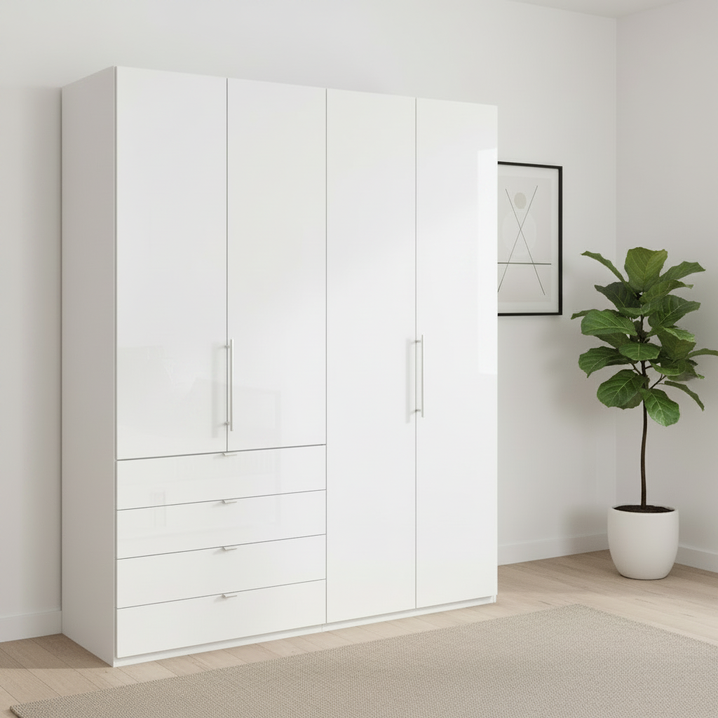 Wiemann Loft 4 Doors & 4 Drawers Hinged Wardrobe in Glass White