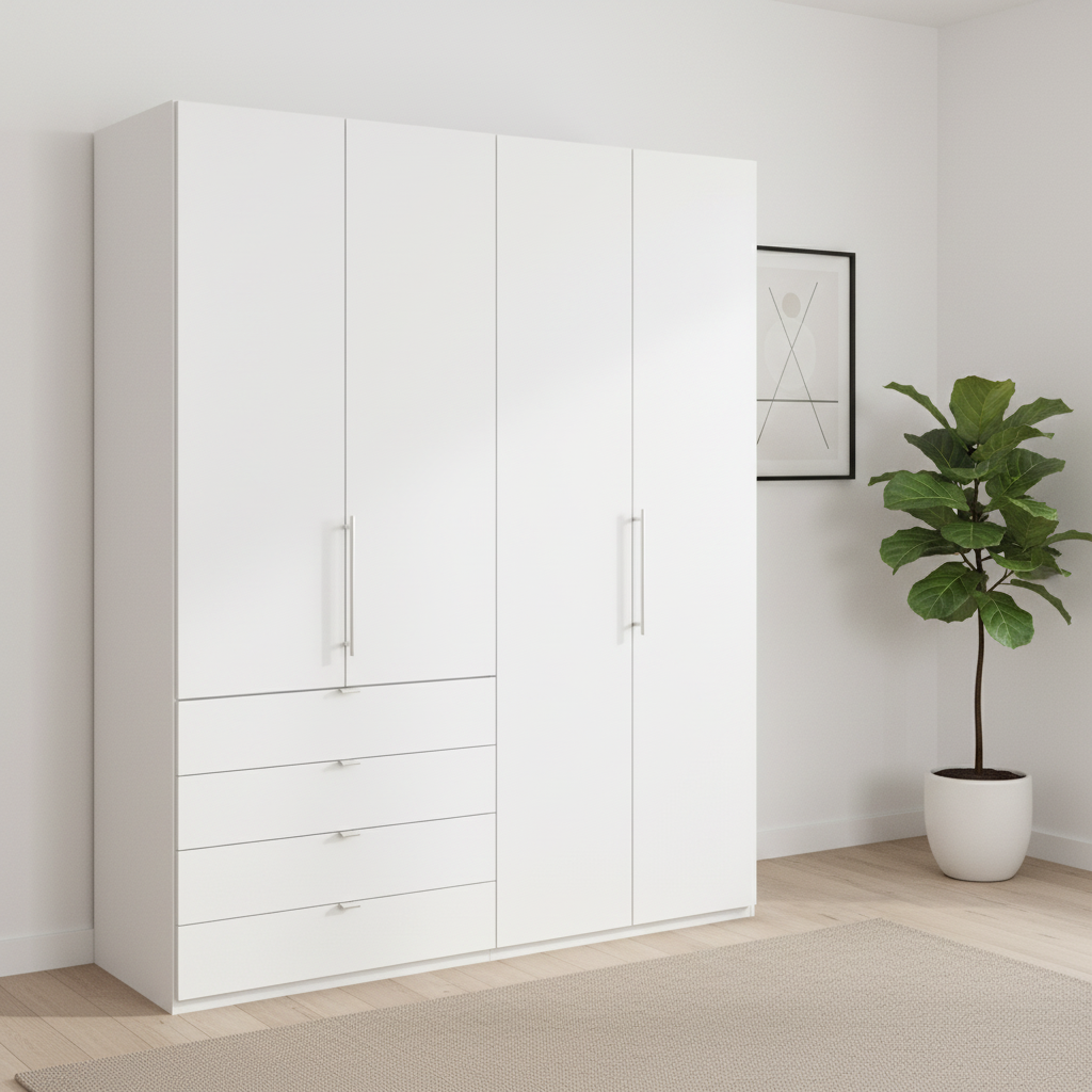 Wiemann Loft 4 Doors & 4 Drawers Hinged Wardrobe in White styled in a modern room