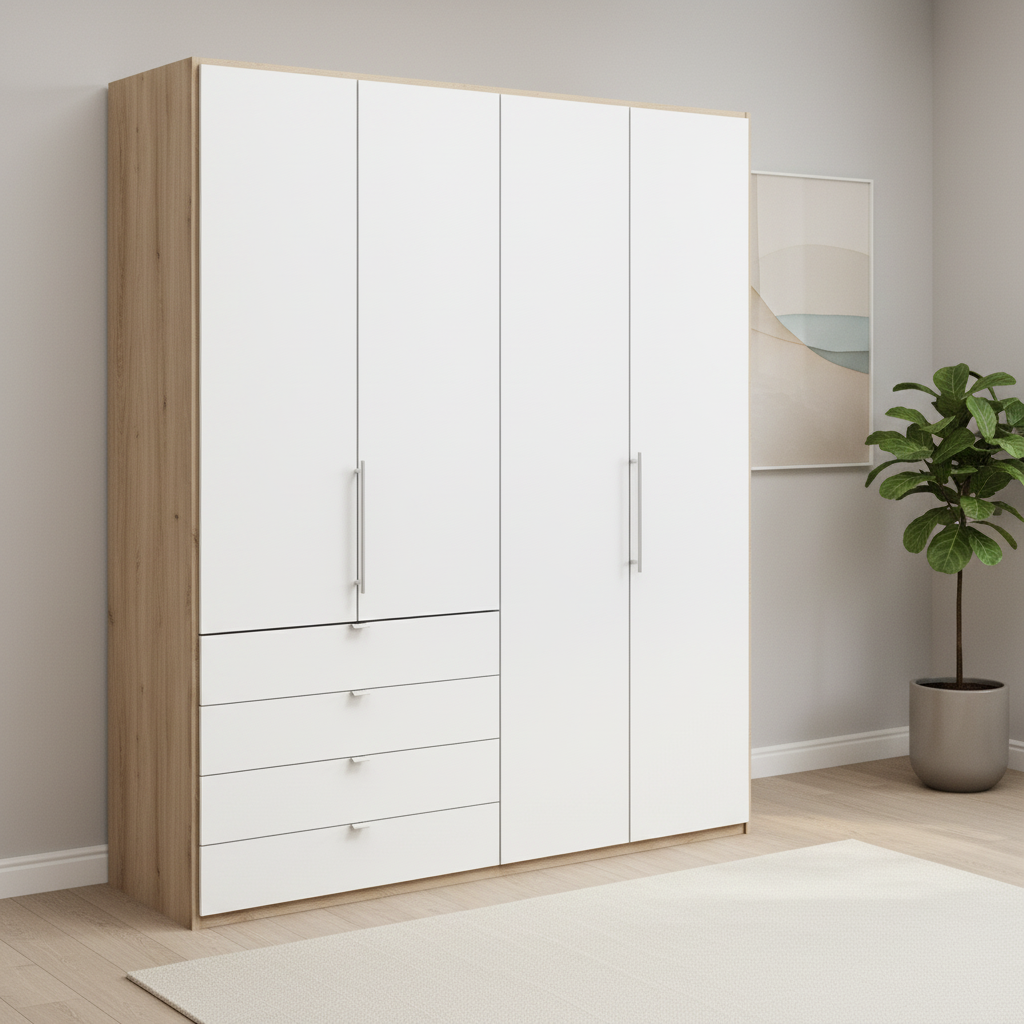 Wiemann Loft 4 Doors & 4 Drawers Hinged Wardrobe in White with Bianco Oak Carcase styled in a modern bedroom