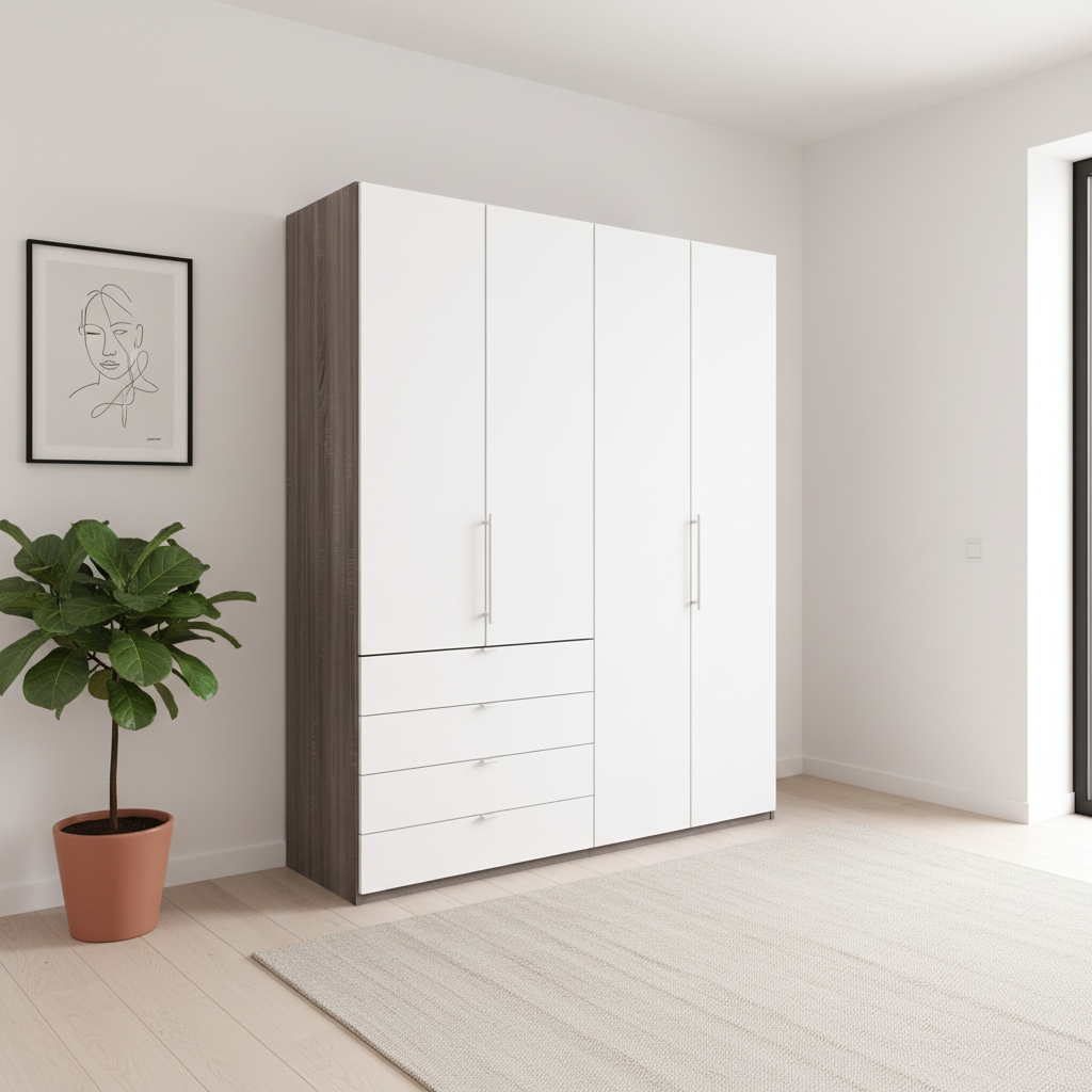Wiemann Loft 4 Doors & 4 Drawers Hinged Wardrobe in White with Dark Rustic Oak Carcase styled in a modern bedroom