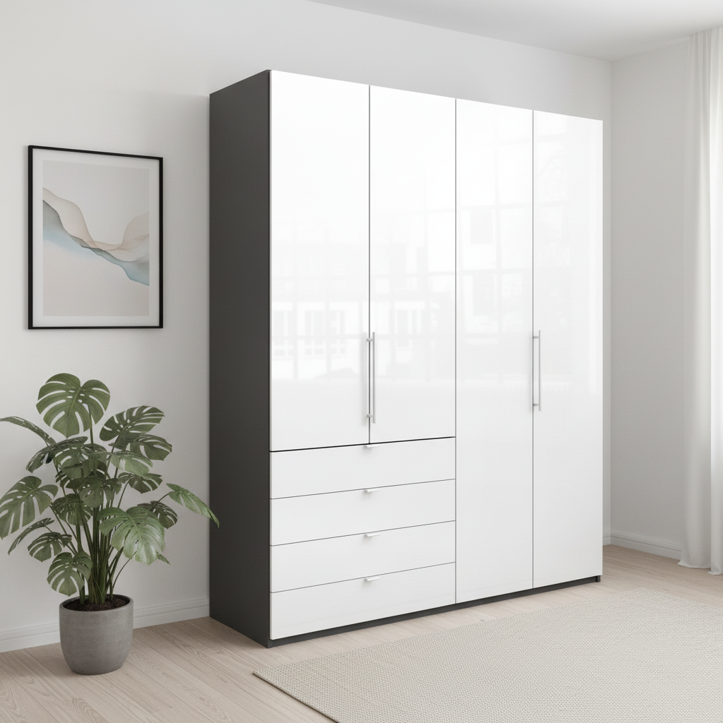 Wiemann Loft 4 Doors & 4 Drawers Hinged Wardrobe in White with Havana Carcase styled in a modern bedroom