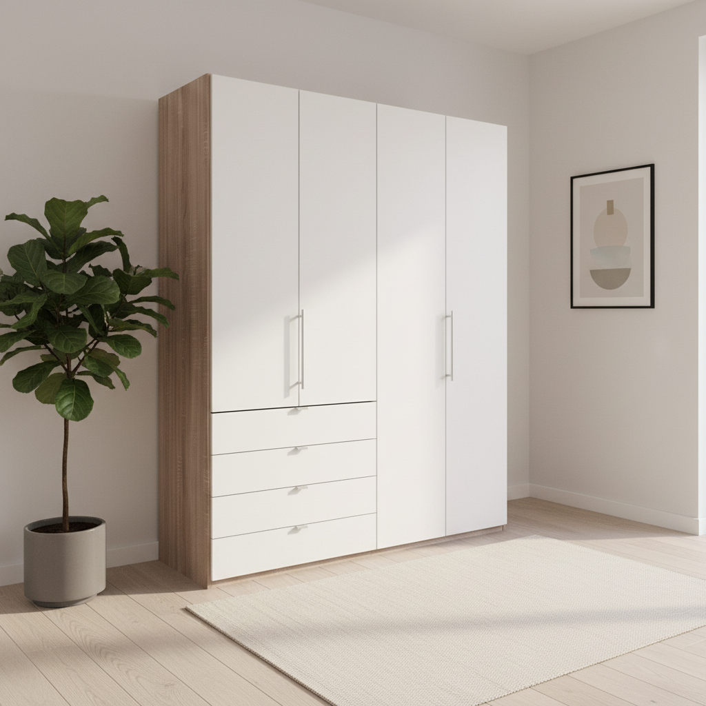 Wiemann Loft 4 Doors & 4 Drawers Hinged Wardrobe in White with Rustic Oak Carcase styled in a modern bedroom