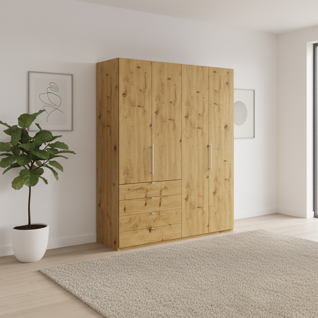 Wiemann Loft 4 Doors & 4 Drawers With Bi-Fold Doors Wardrobe in Bianco Oak styled in a modern room