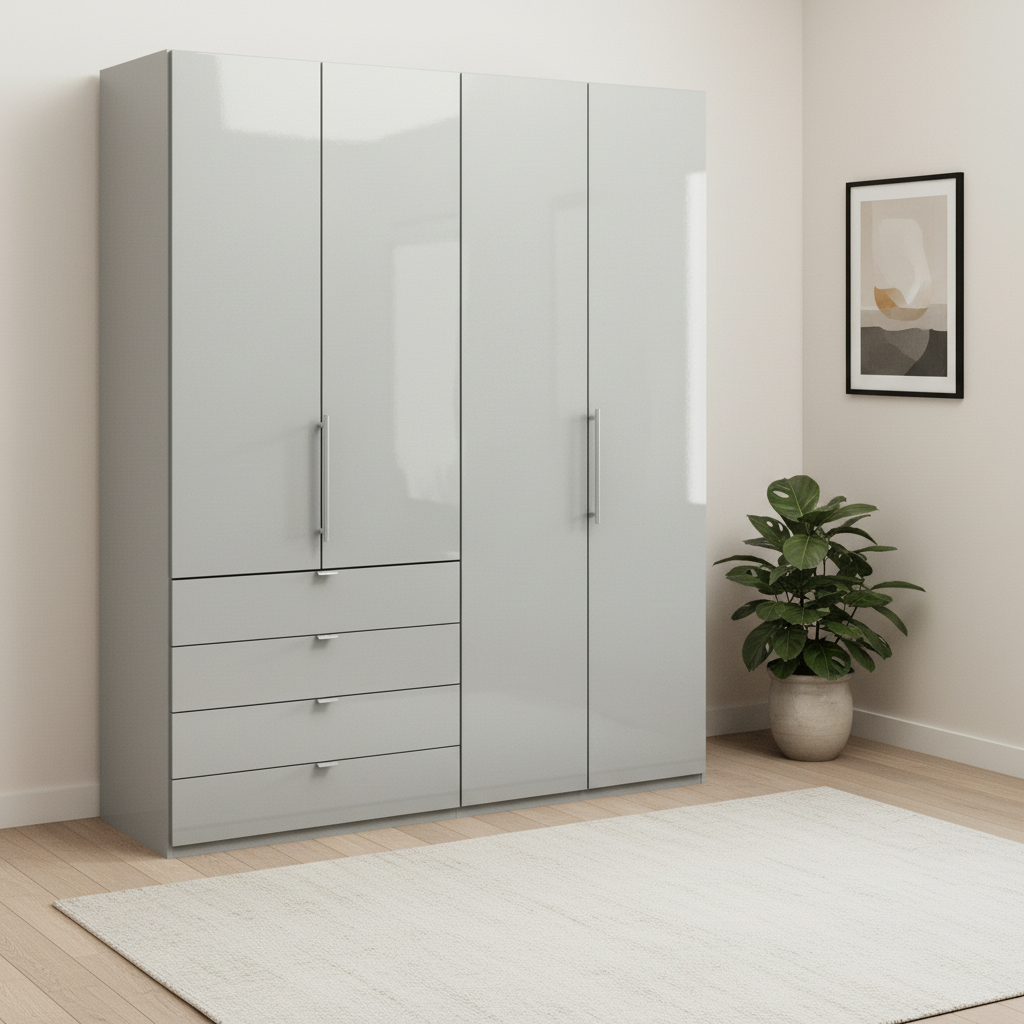Wiemann Loft 4 Doors & 4 Drawers With Bi-Fold Doors Wardrobe in Glass  Champagne