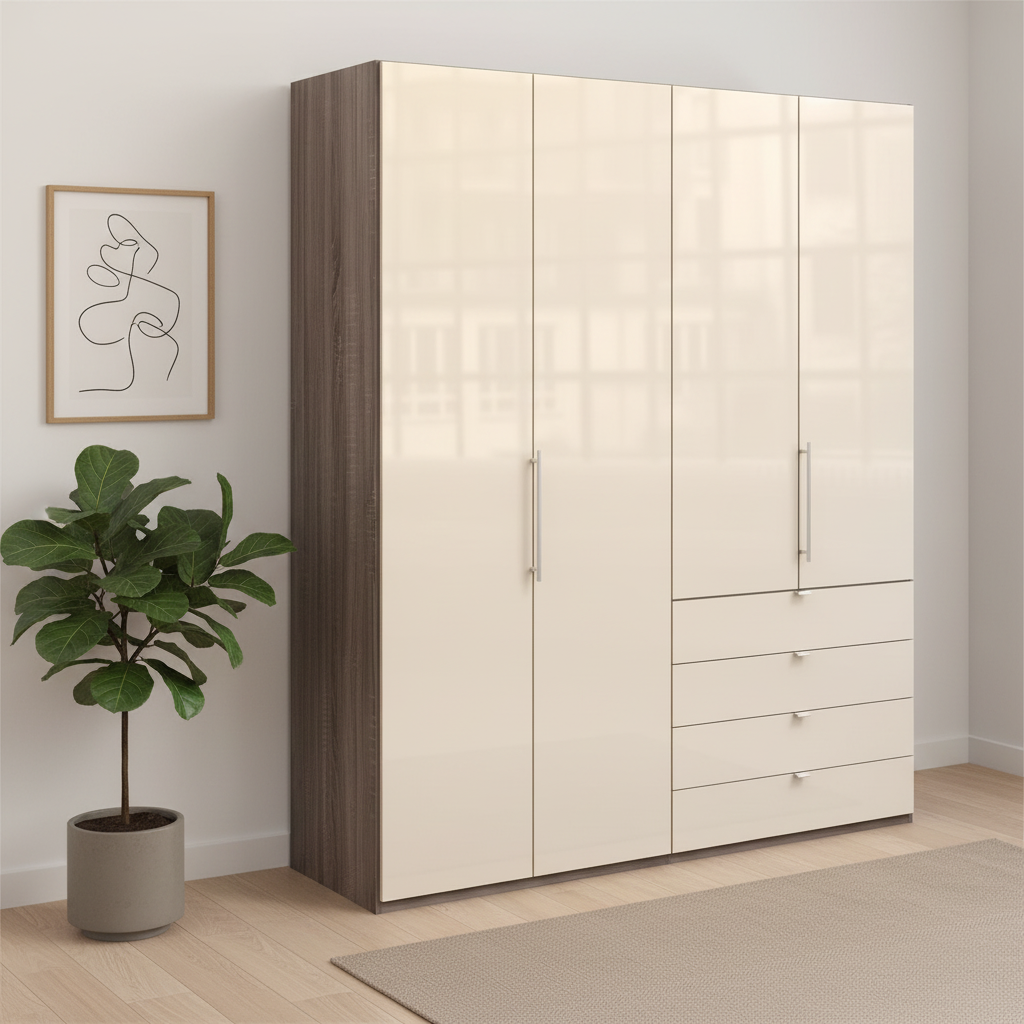 Wiemann Loft 4 Doors & 4 Drawers With Bi-Fold Doors Wardrobe in Glass Mangolia with Dark Rustic Oak Carcase