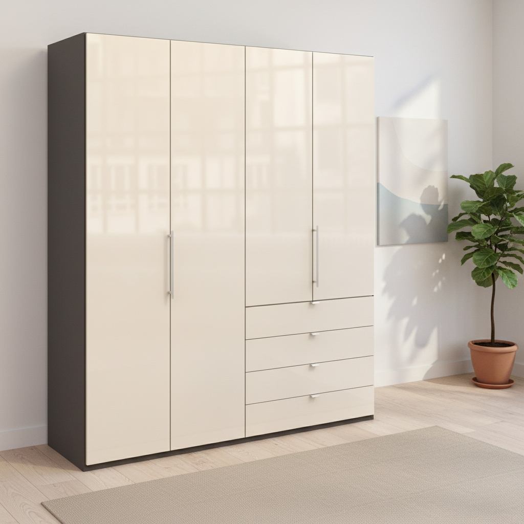 Wiemann Loft 4 Doors & 4 Drawers With Bi-Fold Doors Wardrobe in Glass Mangolia with Havana Carcase