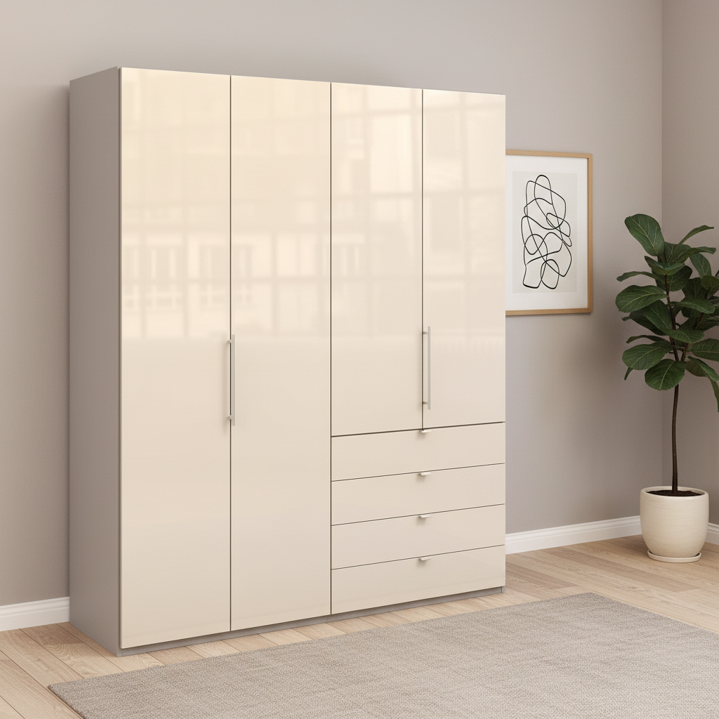 Wiemann Loft 4 Doors & 4 Drawers With Bi-Fold Doors Wardrobe in Glass Mangolia with Pebble Grey Carcase