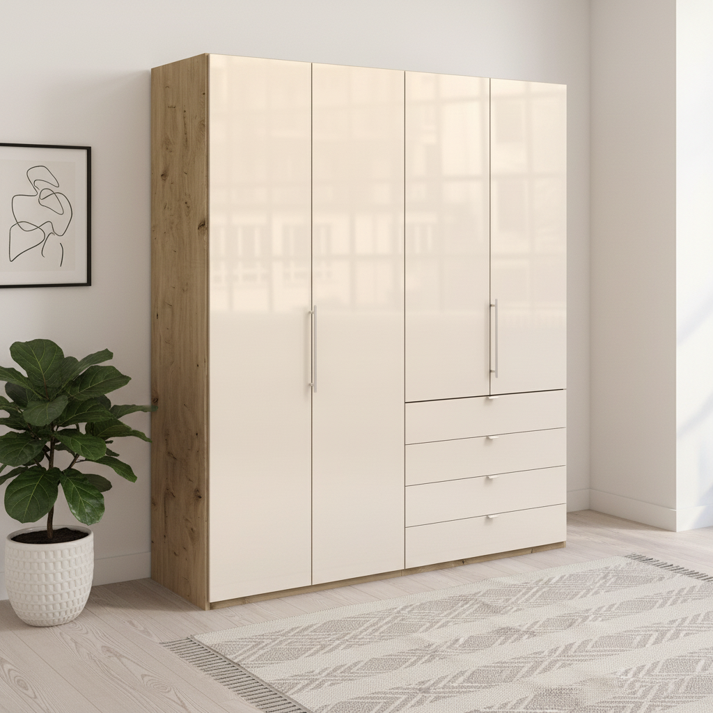 Wiemann Loft 4 Doors & 4 Drawers With Bi-Fold Doors Wardrobe in Glass Mangolia with Bianco Oak Carcase