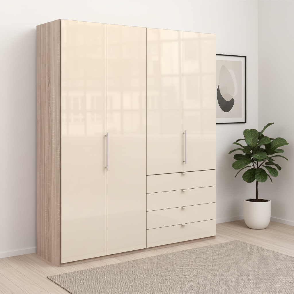 Wiemann Loft 4 Doors & 4 Drawers With Bi-Fold Doors Wardrobe in Glass Mangolia with Rustic Oak Carcase