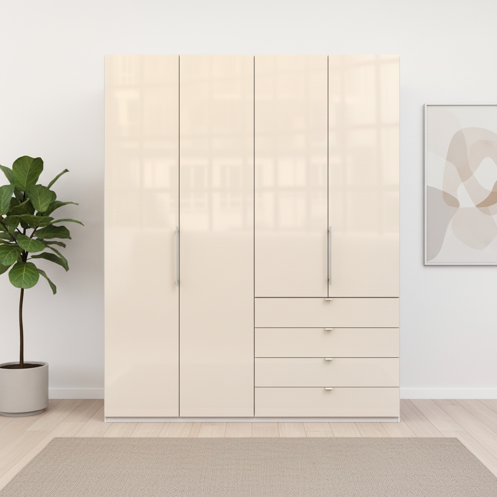Wiemann Loft 4 Doors &  Drawers With Bi-Fold Doors Wardrobe in Glass Mangolia front view