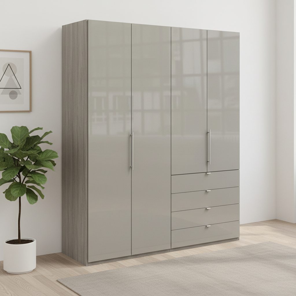 Wiemann Loft 4 Doors & 4 Drawers With Bi-Fold Doors Wardrobe in Glass Pebble Grey styled in a modern room
