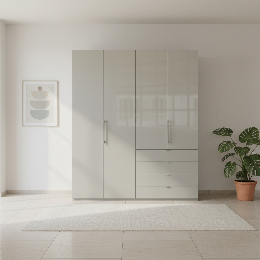 Wiemann Loft 4 Doors & 4 Drawers With Bi-Fold Doors Wardrobe in Glass Pebble Grey Front view
