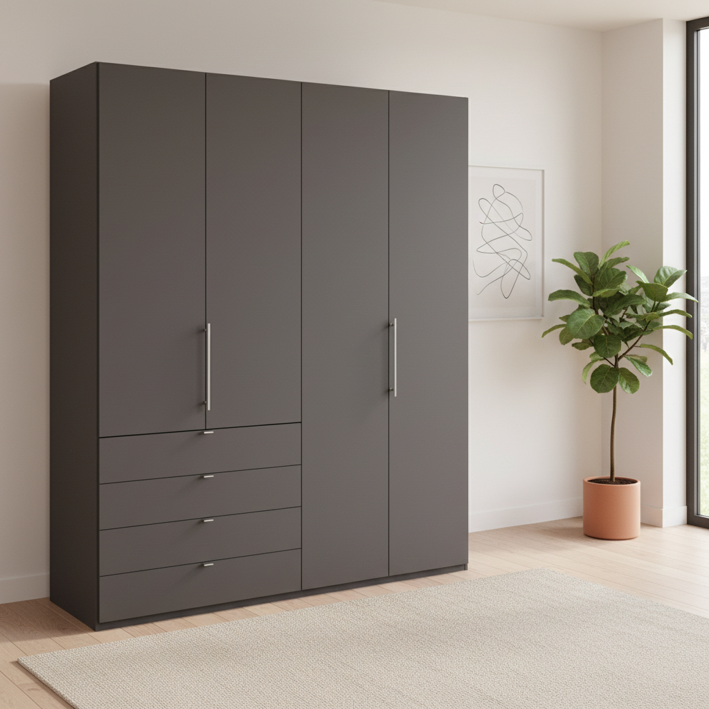 Wiemann Loft 4 Doors & 4 Drawers With Bi-Fold Doors Wardrobe in Havana styled in a modern room