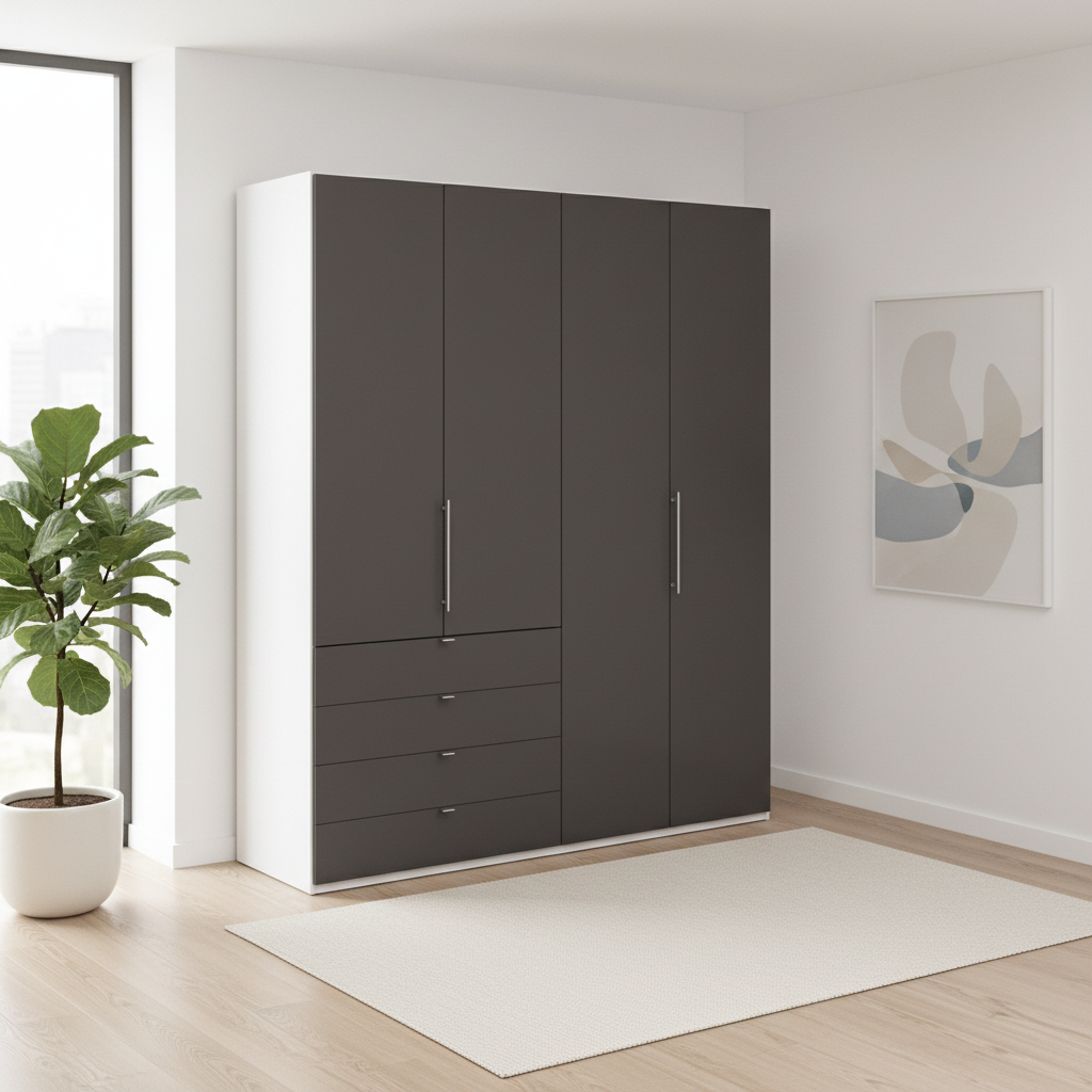 Wiemann Loft 4 Doors & 4 Drawers With Bi-Fold Doors Wardrobe in Havana with White Carcase