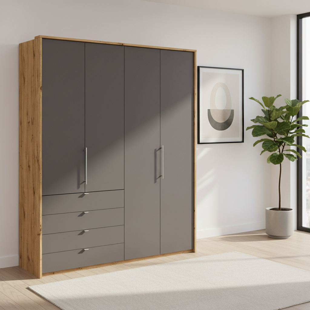 Wiemann Loft 4 Doors & 4 Drawers With Bi-Fold Doors Wardrobe in Havana with Rustic Oak Carcase