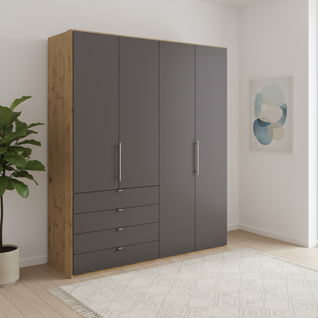 Wiemann Loft 4 Doors & 4 Drawers With Bi-Fold Doors Wardrobe in Havana in Bianco Oak Carcase