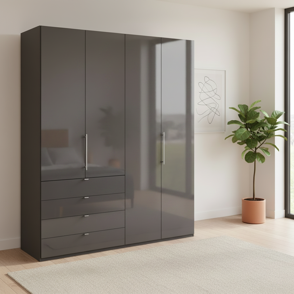 Wiemann Loft 4 Doors & 4 Drawers With Bi-Fold Doors Wardrobe in Havana Glass