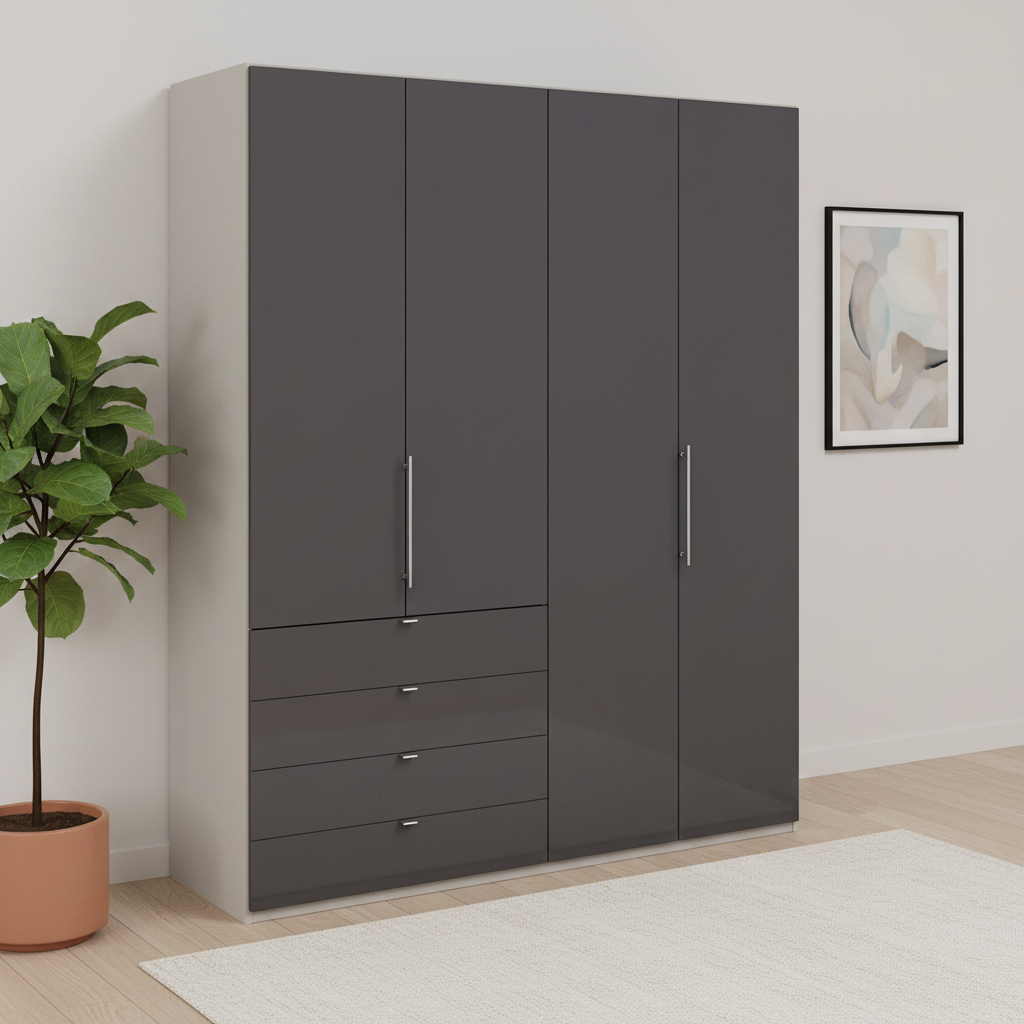 Wiemann Loft 4 Doors & 4 Drawers With Bi-Fold Doors Wardrobe in Havana with Pebble Grey Carcase