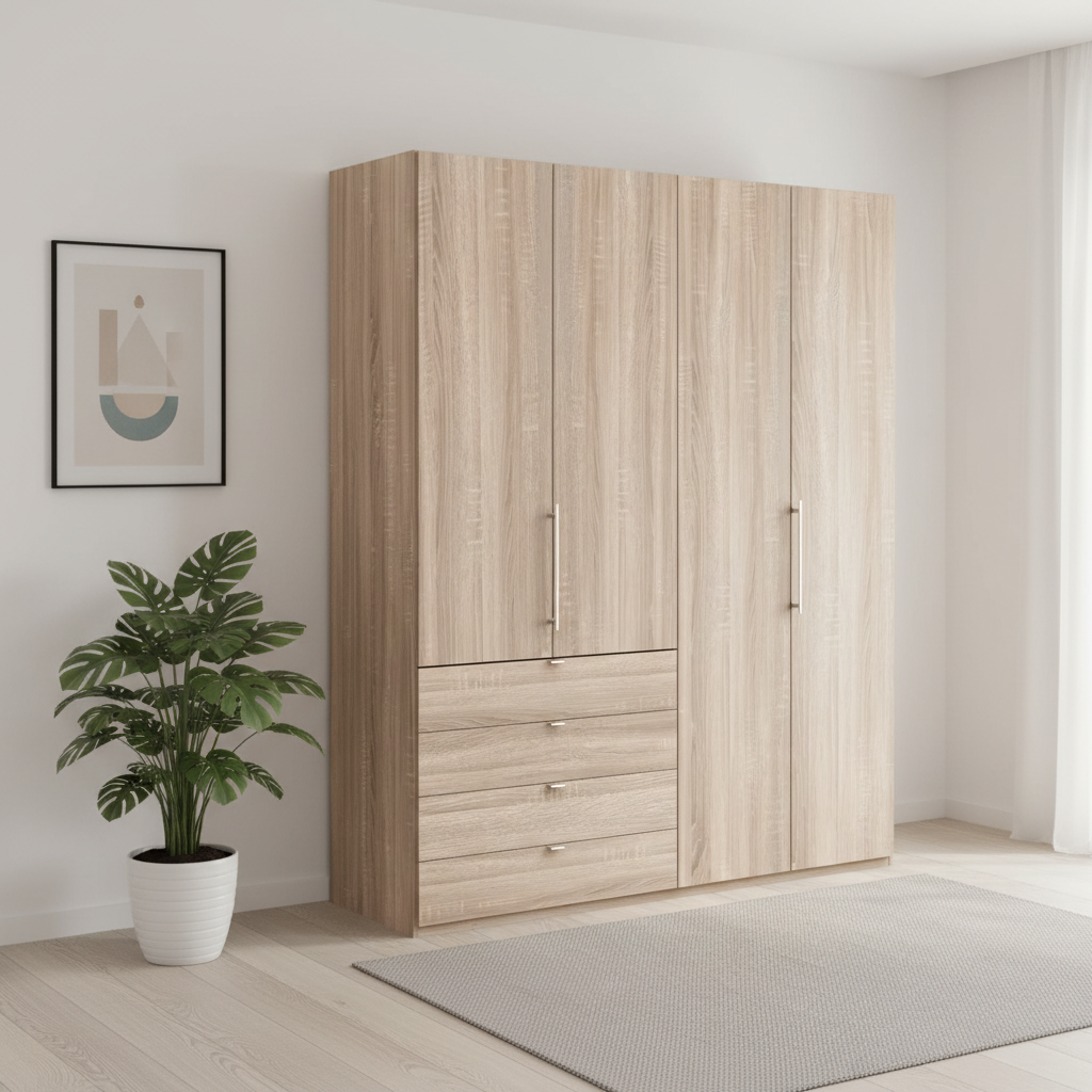 Wiemann Loft 4 Doors & 4 Drawers With Bi-Fold Doors Wardrobe in Rustic Oak styled in a modern room