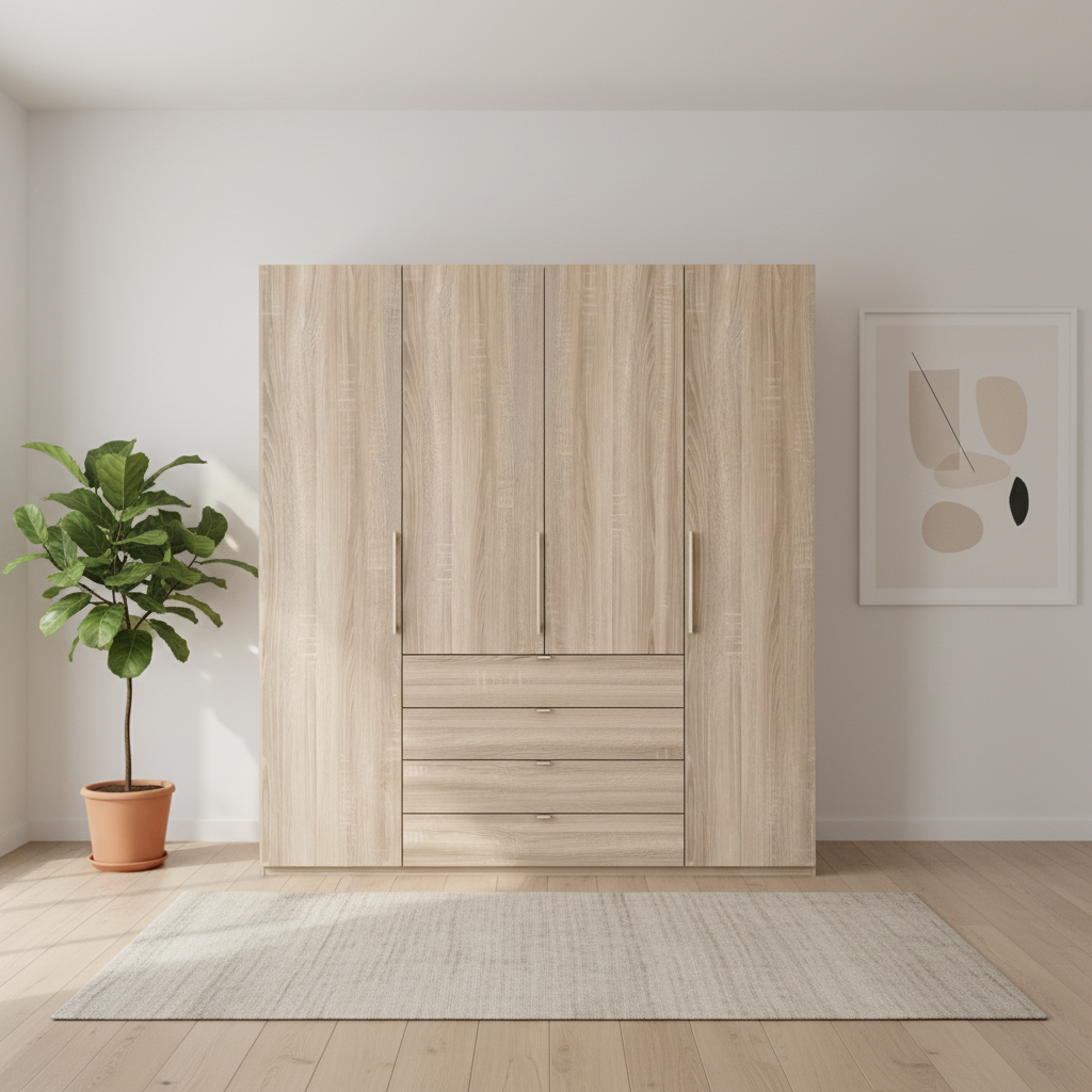 Wiemann Loft 4 Doors & 4 Drawers With Bi-Fold Doors Wardrobe in Rustic Oak Front view