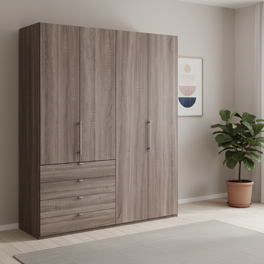 Wiemann Loft 4 Doors & 4 Drawers With Bi-Fold Doors Wardrobe in Dark Rustic Oak styled in a modern room