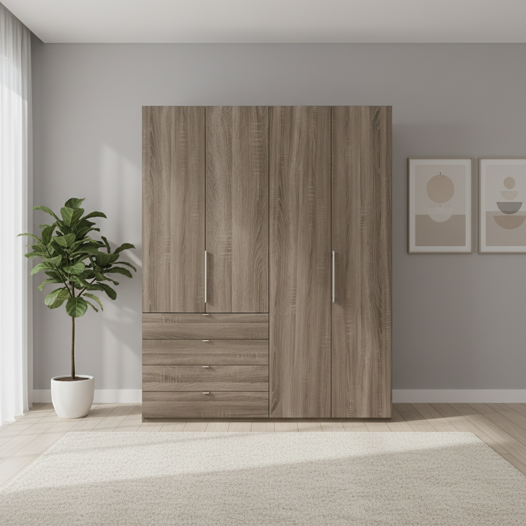 Wiemann Loft 4 Doors & 4 Drawers With Bi-Fold Doors Wardrobe in Dark Rustic Oak Front view