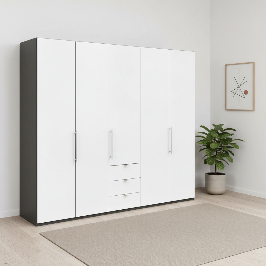 Wiemann Loft 5 Doors & 3 Drawers With Bi-Fold Doors Wardrobe in White with Havana Carcase styled in a Bedroom