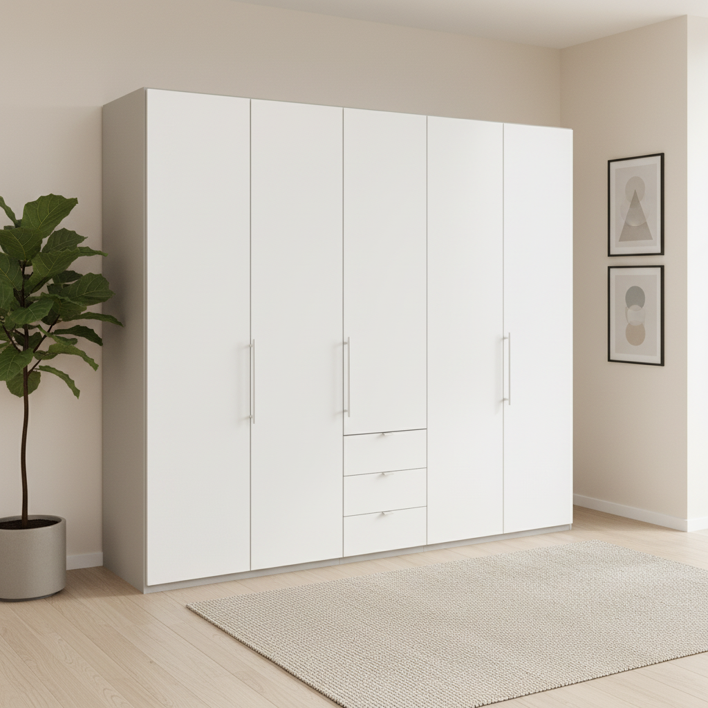 Wiemann Loft 5 Doors & 3 Drawers With Bi-Fold Doors Wardrobe in White with Pebble Grey Carcase styled in a Bedroom