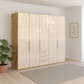 Wiemann Loft 5 Doors & 3 Drawers With Bi-Fold Doors Wardrobe in Glass Mangolia with Bianco Oak Carcase