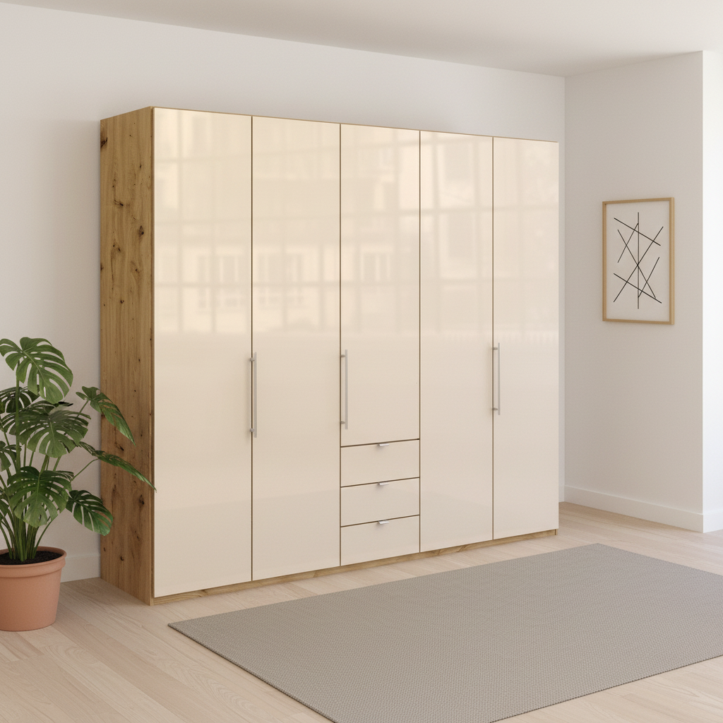 Wiemann Loft 5 Doors & 3 Drawers With Bi-Fold Doors Wardrobe in Glass Mangolia with Bianco Oak Carcase