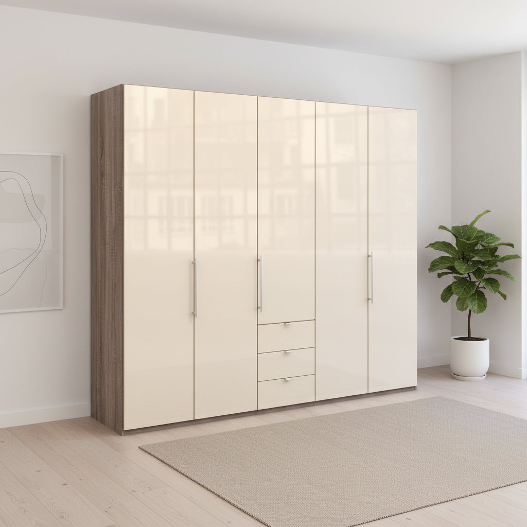 Wiemann Loft 5 Doors & 4 Drawers With Bi-Fold Doors Wardrobe in Glass Mangolia with Dark Rustic Oak Carcase