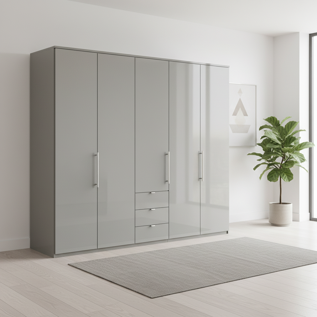 Wiemann Loft 5 Doors & 3 Drawers With Bi-Fold Doors Wardrobe in Glass Pebble Grey styled in a modern room